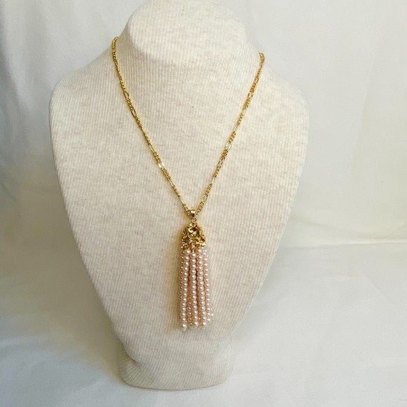 Talbots Opera Necklace Gold Tone Chain Links With Pearl Tassel Pendant - Picture 1 of 9